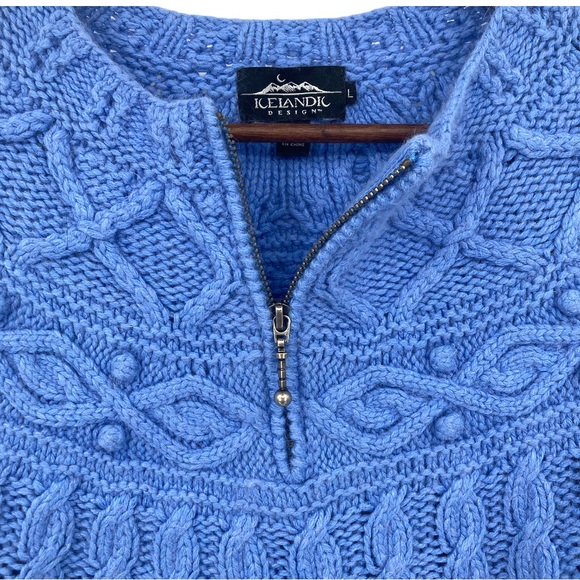 Vtg. Icelandic Design Blue Silk Blend Cable Knit Pullover Sweater Sz.L Angora - Picture 4 of 10